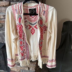 Johnny Was Cream and Red Embroidered Cardigan